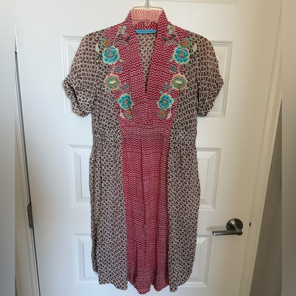 Johnny was embroidered Boho Midi dress, silk lined floral short sleeve size xs - Picture 4 of 10